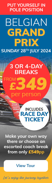 Put yourself in pole position. Belgian Grand Prix. Sunday 28th July 2024. 3 or 4-day breaks from £349 per person. Includes Race Day ticket. Make youyr own way there or choose an escorted coach break from only £549pp - View Tour - Let's enjoy the journey together.